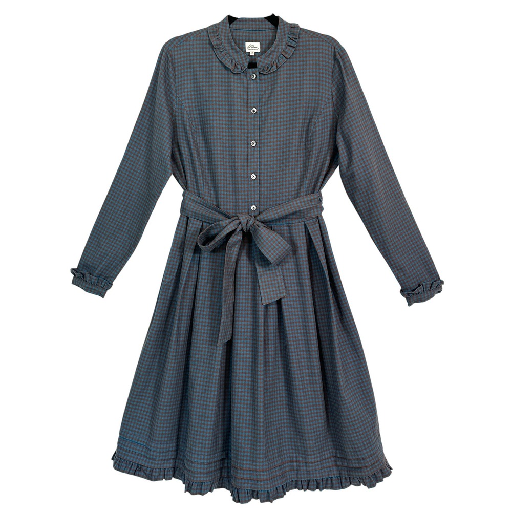 LL Bean‎ Signature Dress 12 Cotton Silk Flannel Gingham Blue Brown Ruffle